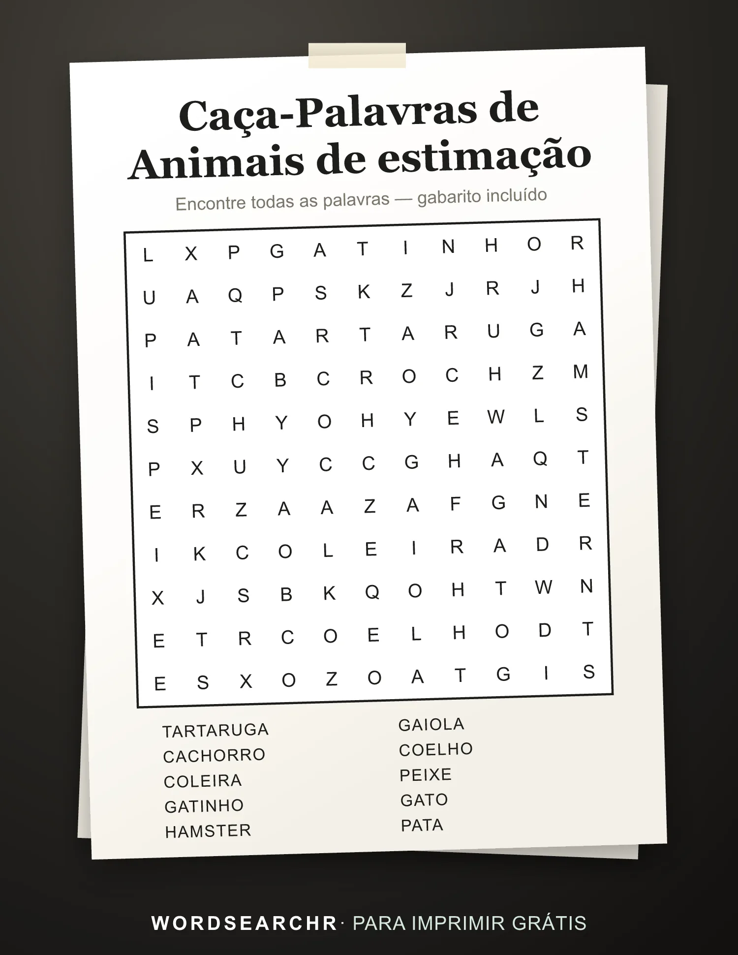 Caça-Palavras de Animais de estimação para Imprimir — 10 palavras, Gabarito incluído