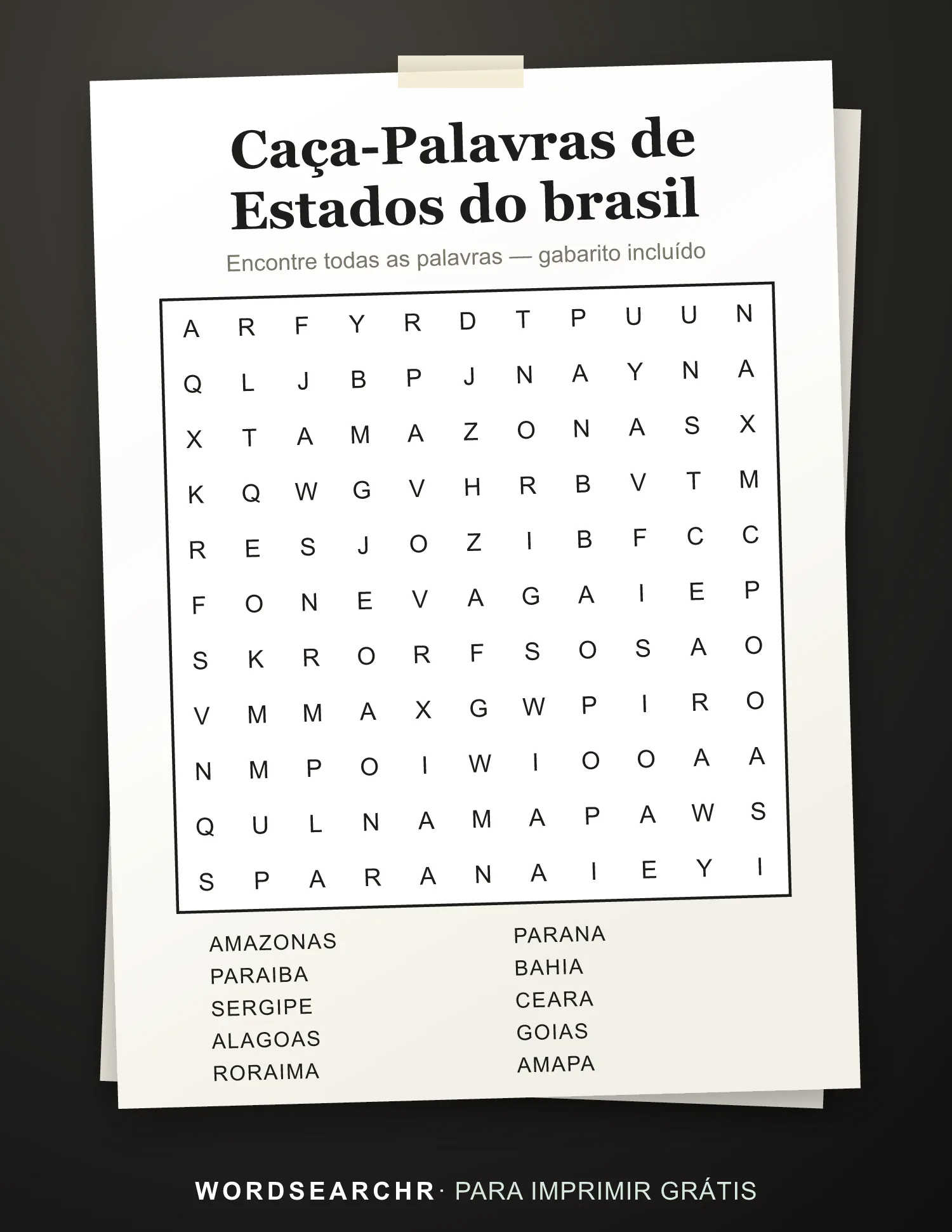 Caça-Palavras de Estados do brasil para Imprimir — 10 palavras, Gabarito incluído