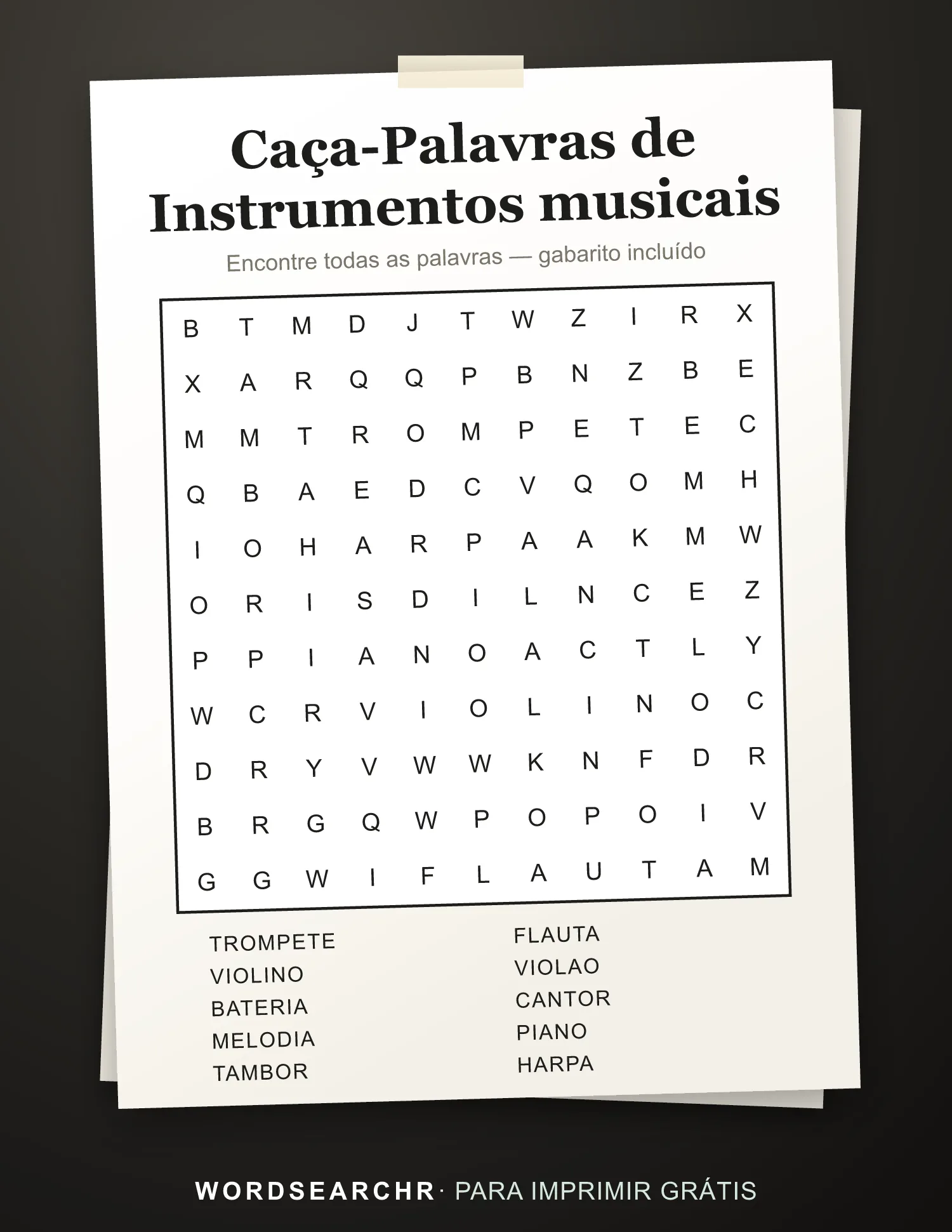 Caça-Palavras de Instrumentos musicais para Imprimir — 10 palavras, Gabarito incluído