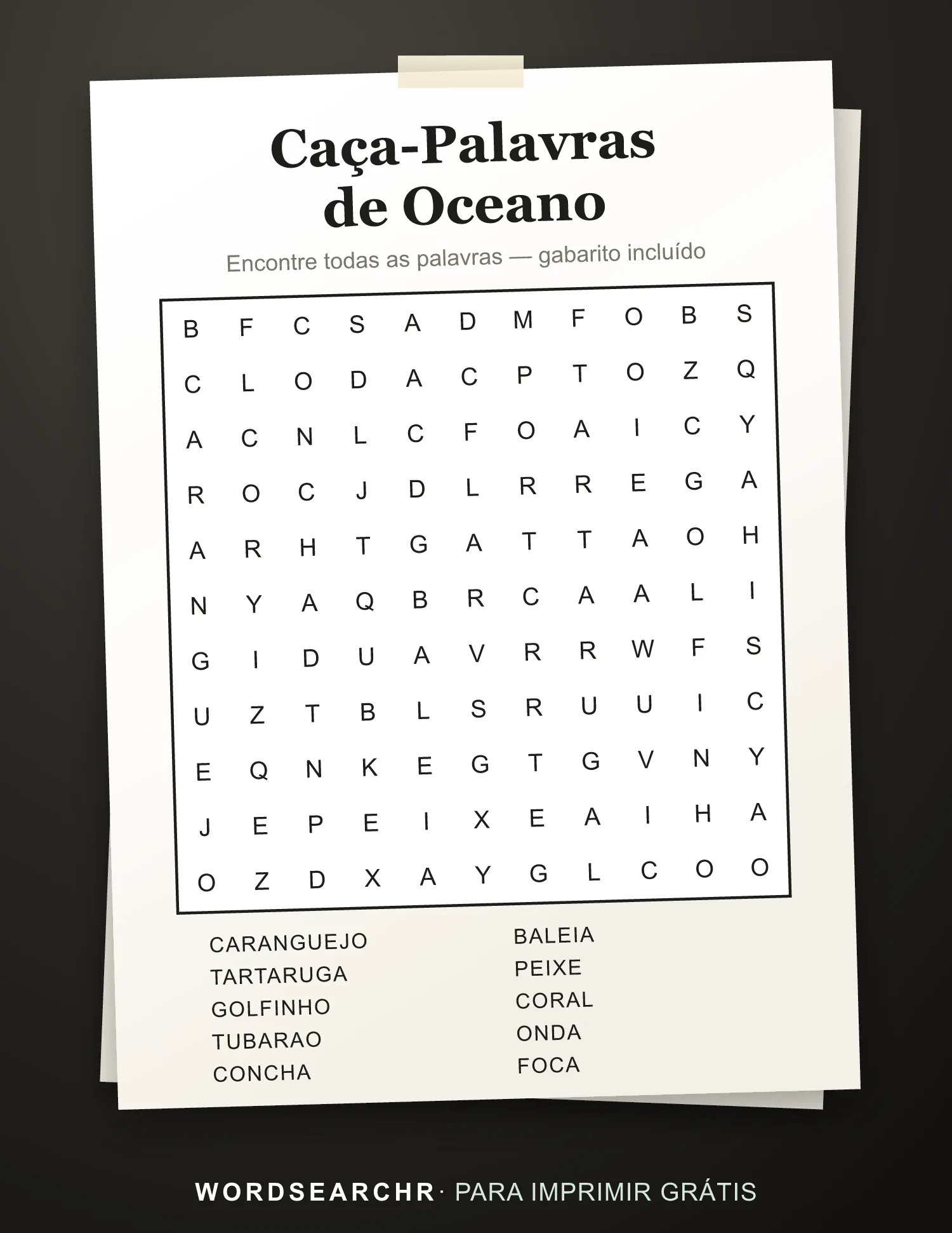Caça-Palavras de Oceano para Imprimir — 10 palavras, Gabarito incluído